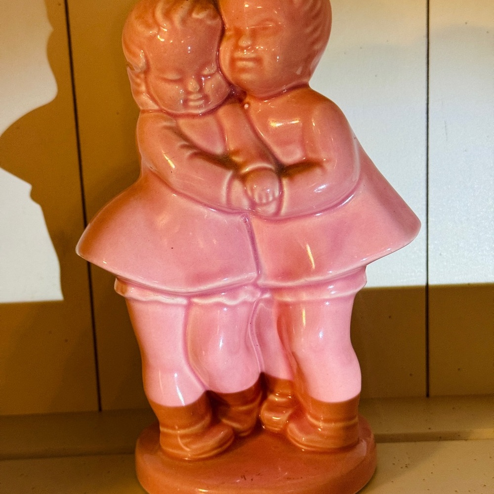 Vintage Valentines Pink Ceramic  Figurine of Hugging Couple or Sweethearts Vase